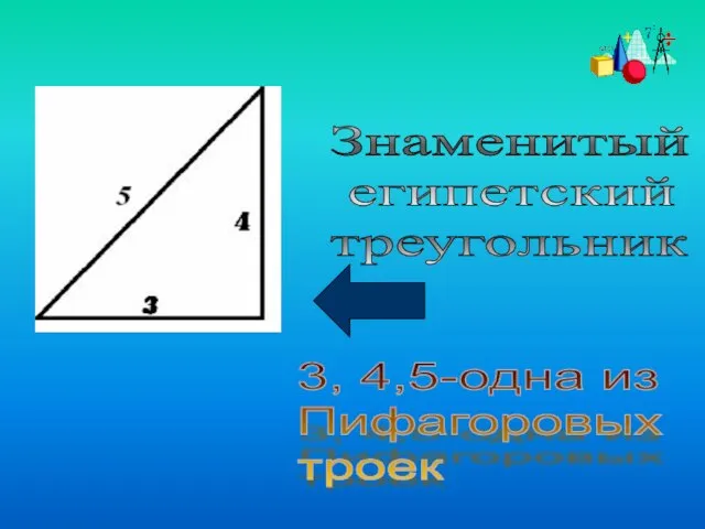 Знаменитый египетский треугольник 3, 4,5-одна из Пифагоровых троек