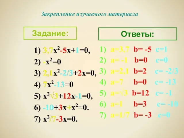 1) 3,7х2-5х+1=0, 2) -х2=0 3) 2,1х2-2/3+2х=0, 4) 7х2-13=0 5) х2√3+12х-1=0, 6) -10+3х+х2=0.