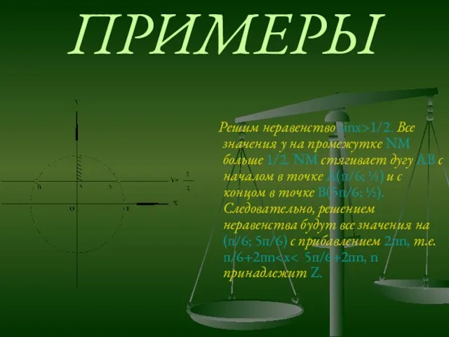 ПРИМЕРЫ Решим неравенство sinх>1/2. Все значения у на промежутке NM больше 1/2.