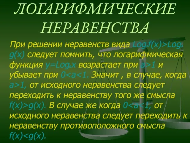 ЛОГАРИФМИЧЕСКИЕ НЕРАВЕНСТВА При решении неравенств вида Logaf(x)>Loga g(x) следует помнить, что логарифмическая