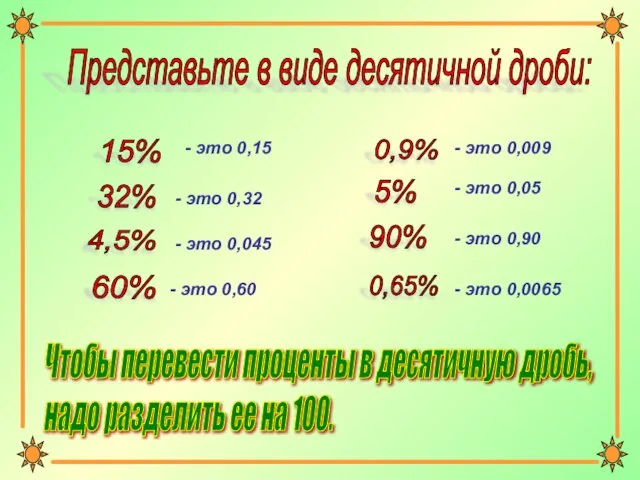 Представьте в виде десятичной дроби: 15% - это 0,009 32% - это