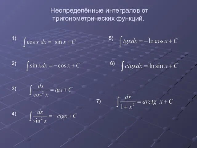 Неопределённые интегралов от тригонометрических функций. 1) 5) 2) 6) 3) 7) 4)