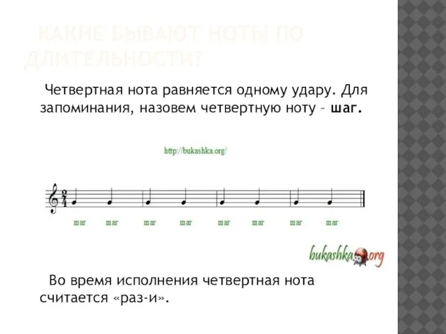 Какие бывают ноты по длительности? Четвертная нота равняется одному удару. Для запоминания,