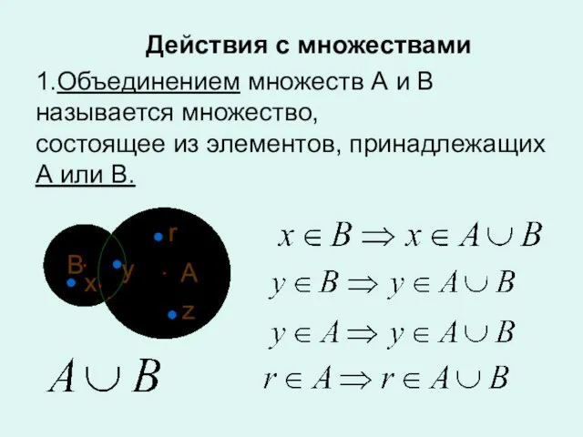 Действия с множествами 1.Объединением множеств А и В называется множество, состоящее из