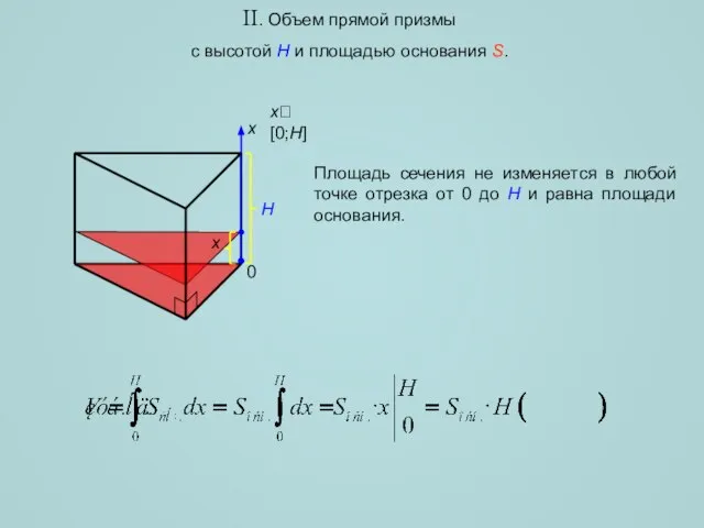 II. Объем прямой призмы с высотой H и площадью основания S. x