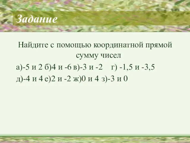 Задание Найдите с помощью координатной прямой сумму чисел а)-5 и 2 б)4