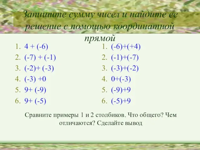 Запишите сумму чисел и найдите ее решение с помощью координатной прямой 4