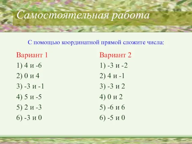 Самостоятельная работа Вариант 1 1) 4 и -6 2) 0 и 4