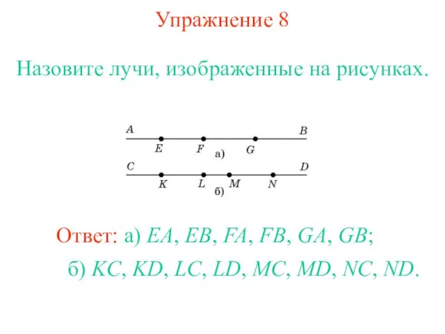 Упражнение 8 Назовите лучи, изображенные на рисунках. Ответ: а) EA, EB, FA,