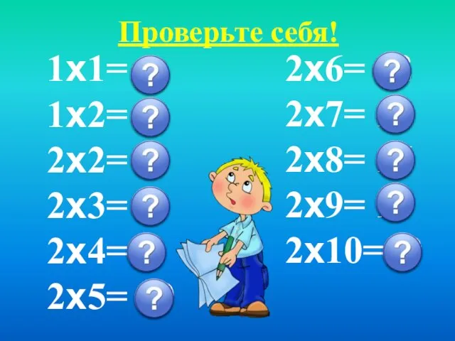 Проверьте себя! 1х1= 1 1х2= 2 2х2= 4 2х3= 6 2х4= 8