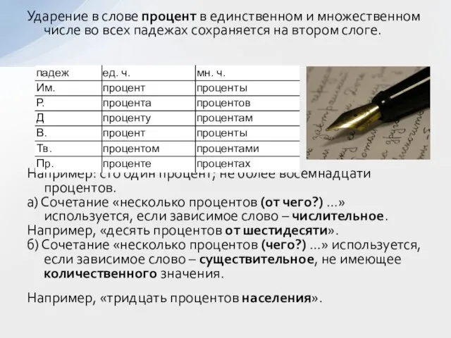 Ударение в слове процент в единственном и множественном числе во всех падежах