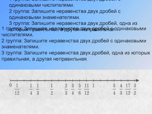 1 группа: Запишите неравенства двух дробей с одинаковыми числителями. 2 группа: Запишите