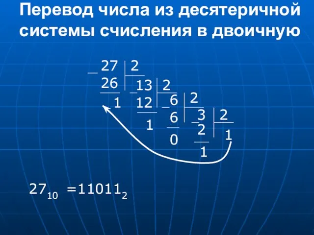 Перевод числа из десятеричной системы счисления в двоичную 27 2 13 26