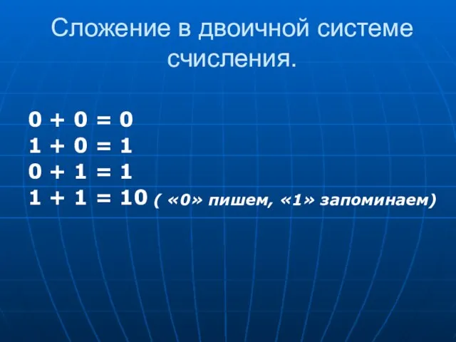 Сложение в двоичной системе счисления. 0 + 0 = 0 1 +