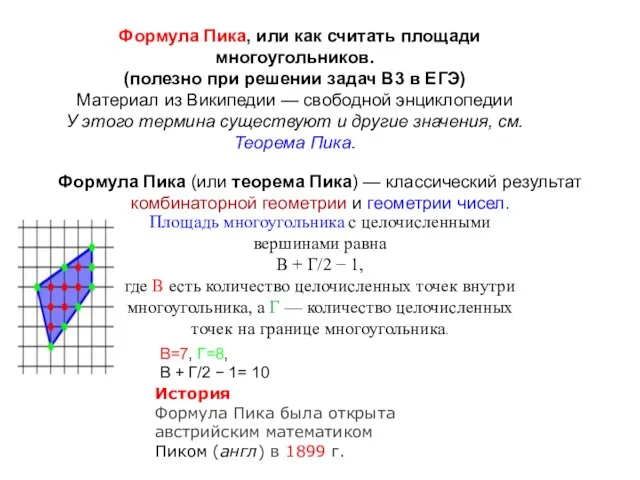 Формула Пика, или как считать площади многоугольников. (полезно при решении задач В3