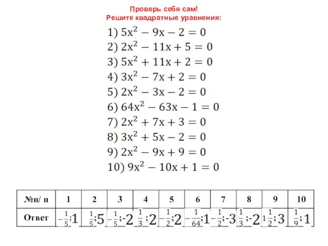 Проверь себя сам! Решите квадратные уравнения: