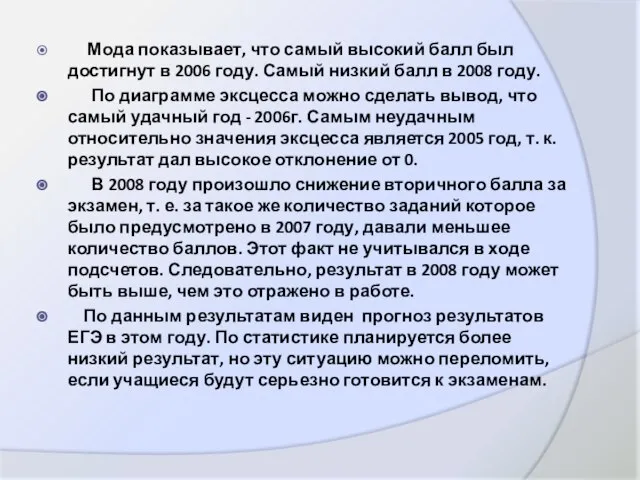 Мода показывает, что самый высокий балл был достигнут в 2006 году. Самый