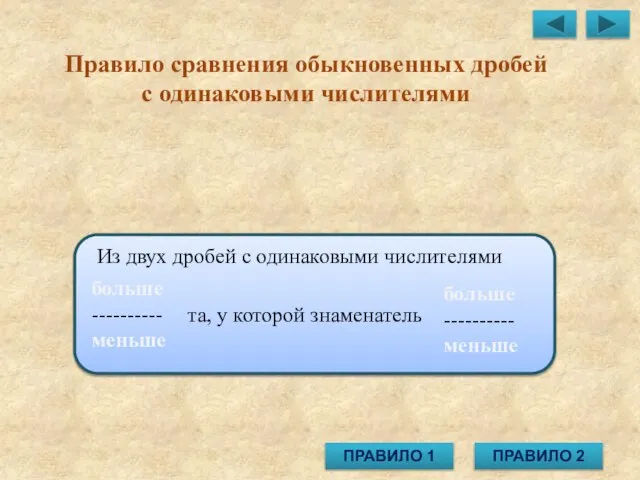 Правило сравнения обыкновенных дробей с одинаковыми числителями больше ---------- меньше та, у