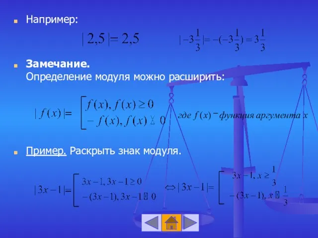 Например: Замечание. Определение модуля можно расширить: Пример. Раскрыть знак модуля.