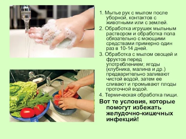 1. Мытье рук с мылом после уборной, контактов с животными или с