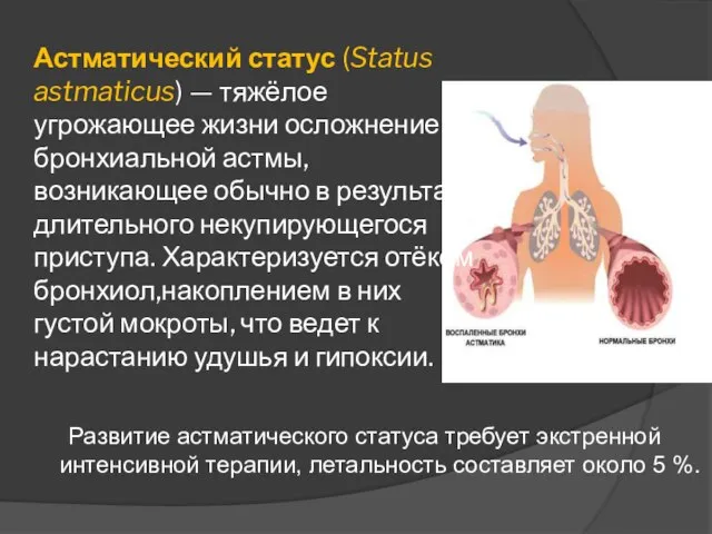 Астматический статус (Status astmaticus) — тяжёлое угрожающее жизни осложнение бронхиальной астмы, возникающее