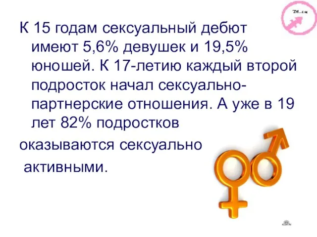 К 15 годам сексуальный дебют имеют 5,6% девушек и 19,5% юношей. К