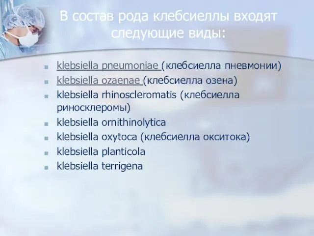 В состав рода клебсиеллы входят следующие виды: klebsiella pneumoniae (клебсиелла пневмонии) klebsiella