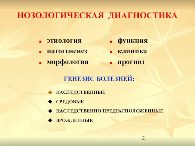 НОЗОЛОГИЧЕСКАЯ ДИАГНОСТИКА этиология патогененез морфология функция клиника прогноз ГЕНЕЗИС БОЛЕЗНЕЙ: НАСЛЕДСТВЕННЫЕ СРЕДОВЫЕ НАСЛЕДСТВЕННО ПРЕДРАСПОЛОЖЕННЫЕ ВРОЖДЕННЫЕ