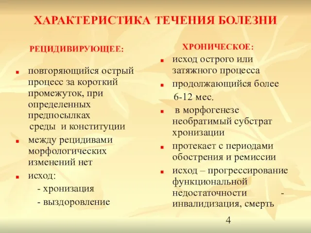 ХАРАКТЕРИСТИКА ТЕЧЕНИЯ БОЛЕЗНИ РЕЦИДИВИРУЮЩЕЕ: повторяющийся острый процесс за короткий промежуток, при определенных