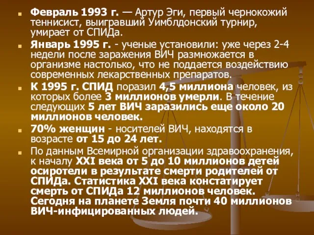 Февраль 1993 г. — Артур Эги, первый чернокожий теннисист, выигравший Уимблдонский турнир,