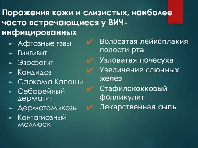 Поражения кожи и слизистых, наиболее часто встречающиеся у ВИЧ-инфицированных Афтозные язвы Гингивит