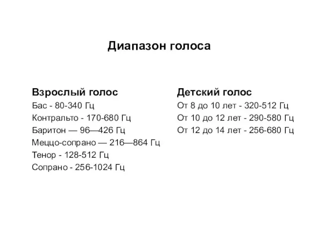 Диапазон голоса Взрослый голос Бас - 80-340 Гц Контральто - 170-680 Гц