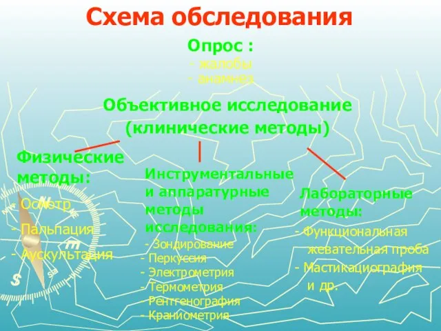 Схема обследования Опрос : - жалобы - анамнез Объективное исследование (клинические методы)