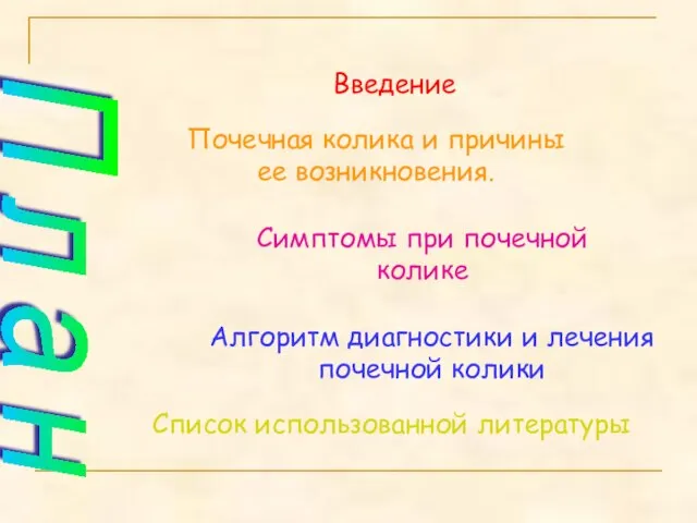 П л а н Введение Почечная колика и причины ее возникновения. Симптомы