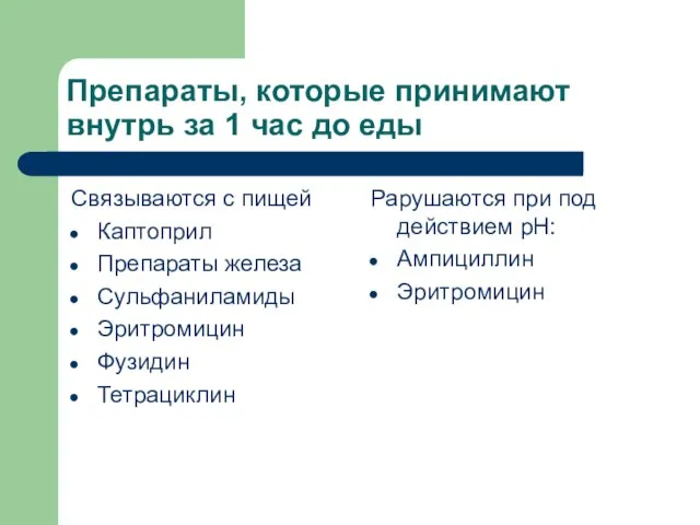 Препараты, которые принимают внутрь за 1 час до еды Связываются с пищей