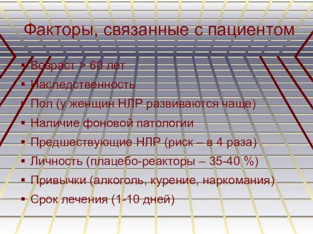 Факторы, связанные с пациентом Возраст > 60 лет Наследственность Пол (у женщин