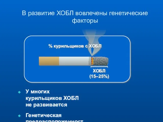 В развитие ХОБЛ вовлечены генетические факторы ХОБЛ (15–25%) У многих курильщиков ХОБЛ