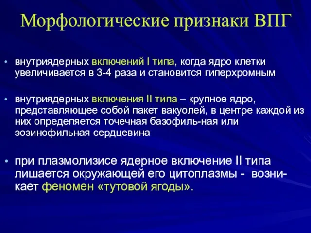 Морфологические признаки ВПГ внутриядерных включений I типа, когда ядро клетки увеличивается в