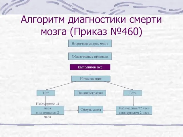 Алгоритм диагностики смерти мозга (Приказ №460) Вторичная смерть мозга Обязательные признаки Выполнимы