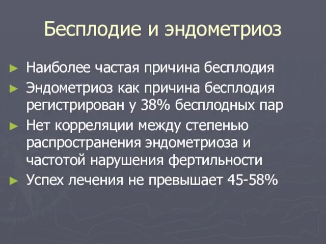 Бесплодие и эндометриоз Наиболее частая причина бесплодия Эндометриоз как причина бесплодия регистрирован