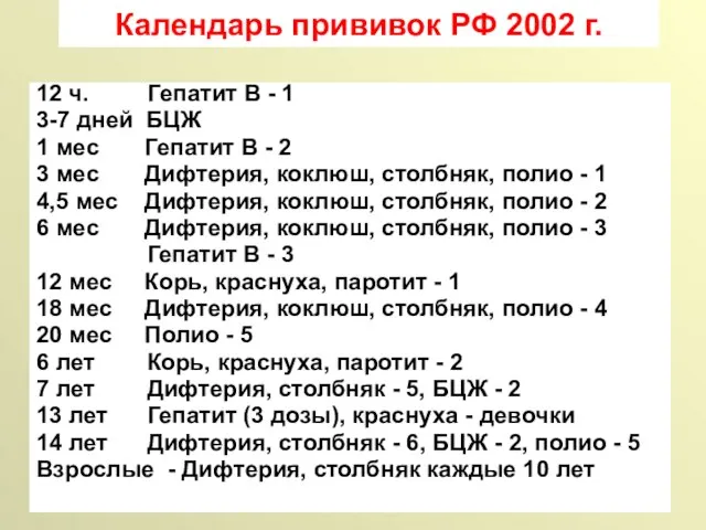 Календарь прививок РФ 2002 г. 12 ч. Гепатит В - 1 3-7