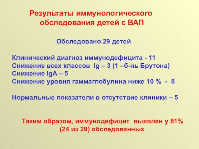 Результаты иммунологического обследования детей с ВАП Обследовано 29 детей Клинический диагноз иммунодефицита