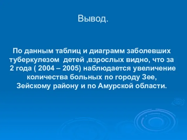 Вывод. По данным таблиц и диаграмм заболевших туберкулезом детей ,взрослых видно, что