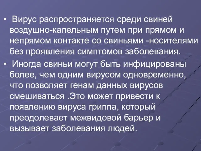 Вирус распространяется среди свиней воздушно-капельным путем при прямом и непрямом контакте со