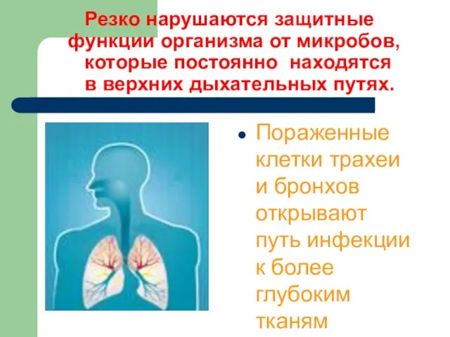 Резко нарушаются защитные функции организма от микробов, которые постоянно находятся в верхних