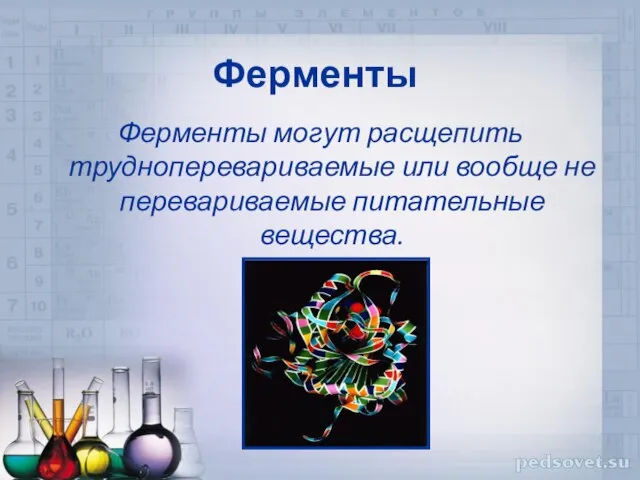 Ферменты Ферменты могут расщепить трудноперевариваемые или вообще не перевариваемые питательные вещества.