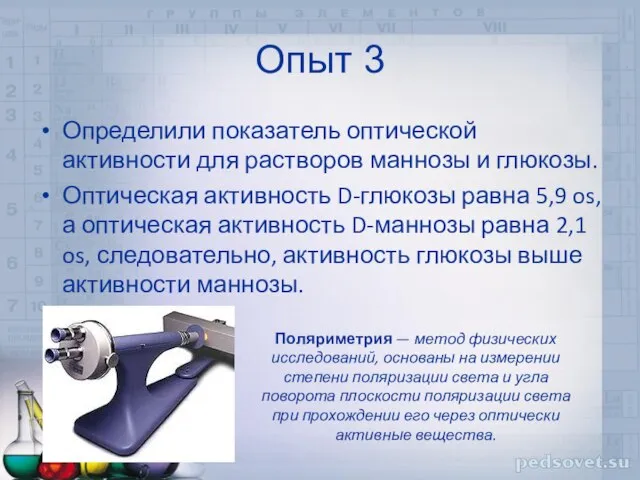 Опыт 3 Определили показатель оптической активности для растворов маннозы и глюкозы. Оптическая