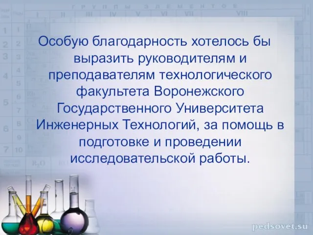 Особую благодарность хотелось бы выразить руководителям и преподавателям технологического факультета Воронежского Государственного