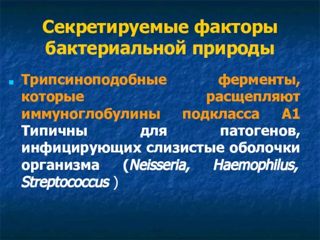 Секретируемые факторы бактериальной природы Трипсиноподобные ферменты, которые расщепляют иммуноглобулины подкласса А1 Типичны