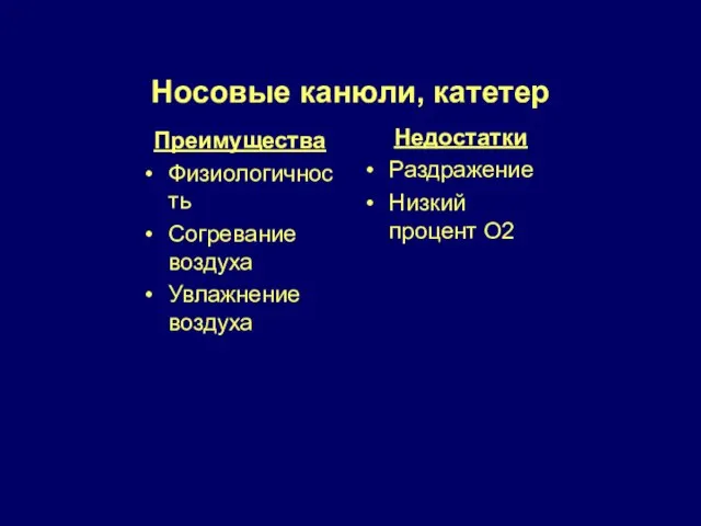 Носовые канюли, катетер Преимущества Физиологичность Согревание воздуха Увлажнение воздуха Недостатки Раздражение Низкий процент О2